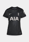 Schwarzes Footballtrikot mit einem Gittermuster, rundem Kragen, kurzen Ärmeln und den Logos von Nike und Tottenham Hotspur.