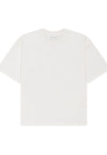 Weißes Baumwoll-T-Shirt mit Rundhalsausschnitt, kurzen Ärmeln und lockerem Schnitt. Glatte Textur ohne auffällige Muster oder Applikationen.