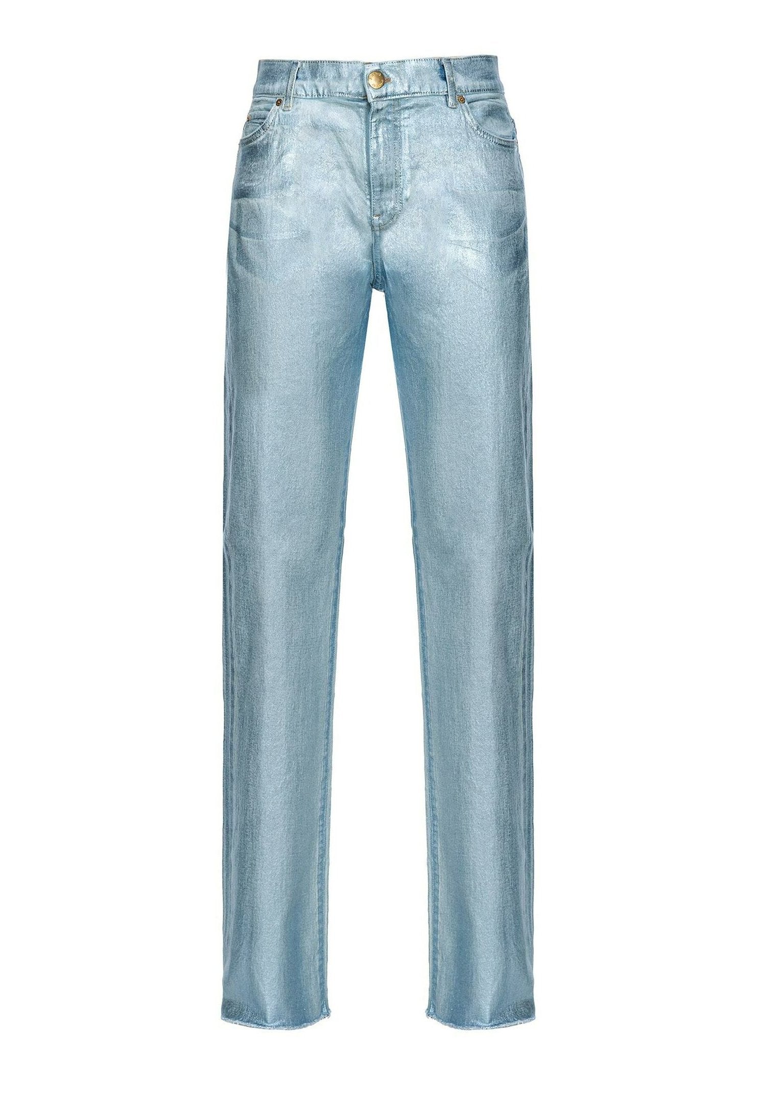 Helleblaue Jeans aus Denim mit geradem Bein, fünf Taschen und einem Knopfverschluss. Verfügt über einen dezenten Glanz und fransige Saumdetails.