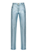 Helleblaue Jeans aus Denim mit geradem Bein, fünf Taschen und einem Knopfverschluss. Verfügt über einen dezenten Glanz und fransige Saumdetails.