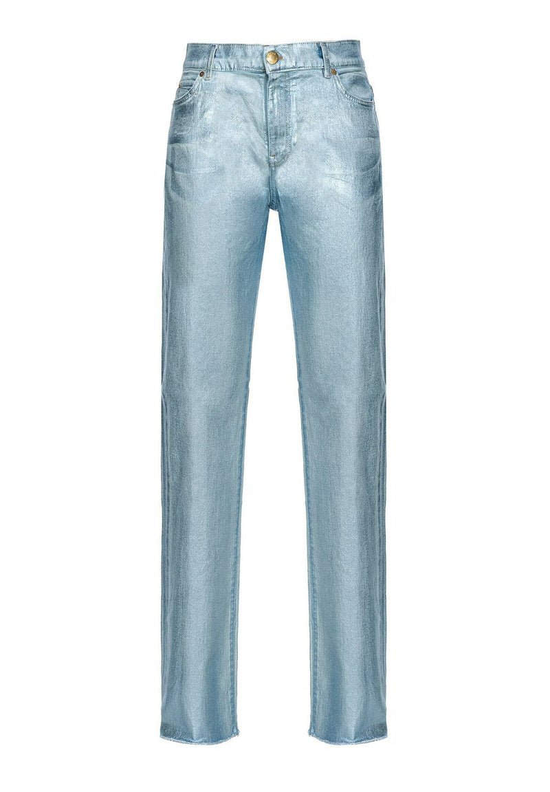 Helleblaue Jeans aus Denim mit geradem Bein, fünf Taschen und einem Knopfverschluss. Verfügt über einen dezenten Glanz und fransige Saumdetails.