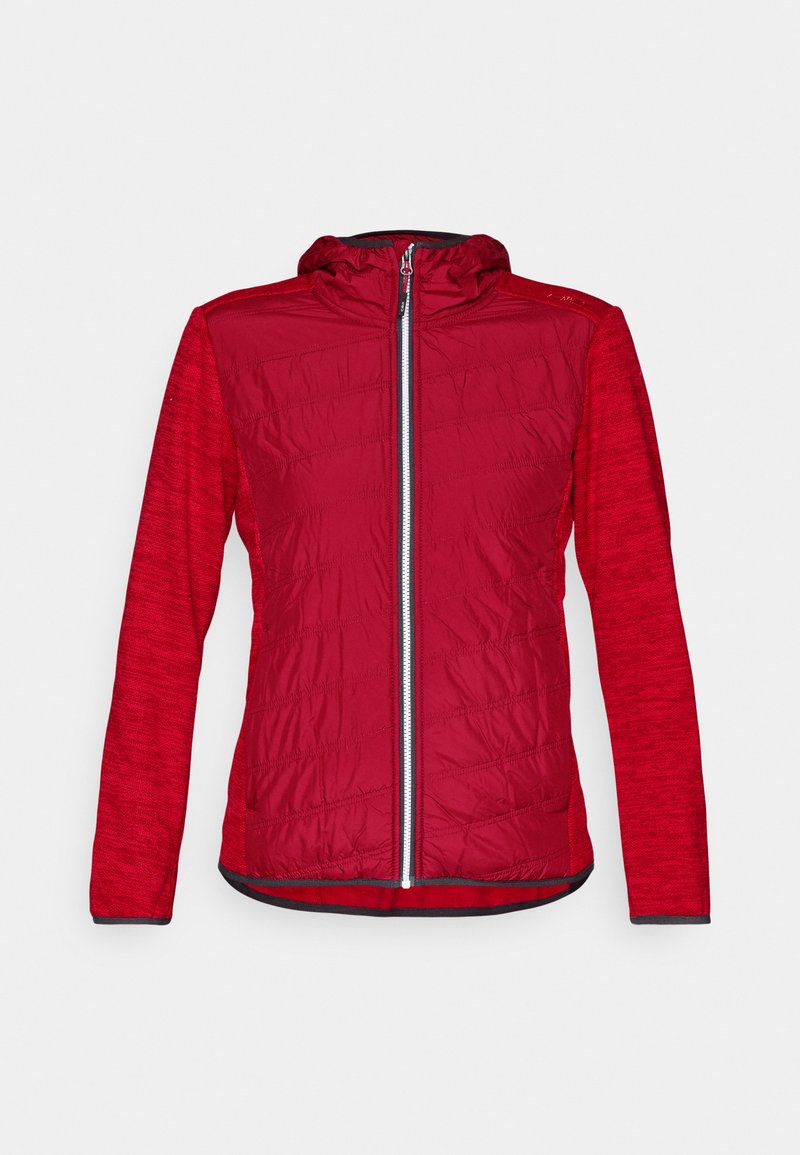 Rote gesteppte Jacke mit Reißverschluss vorne, Kapuze und langen Ärmeln. Verfügt über strukturierter Stoff an den Ärmeln und einen schwarzen Saumabschluss.