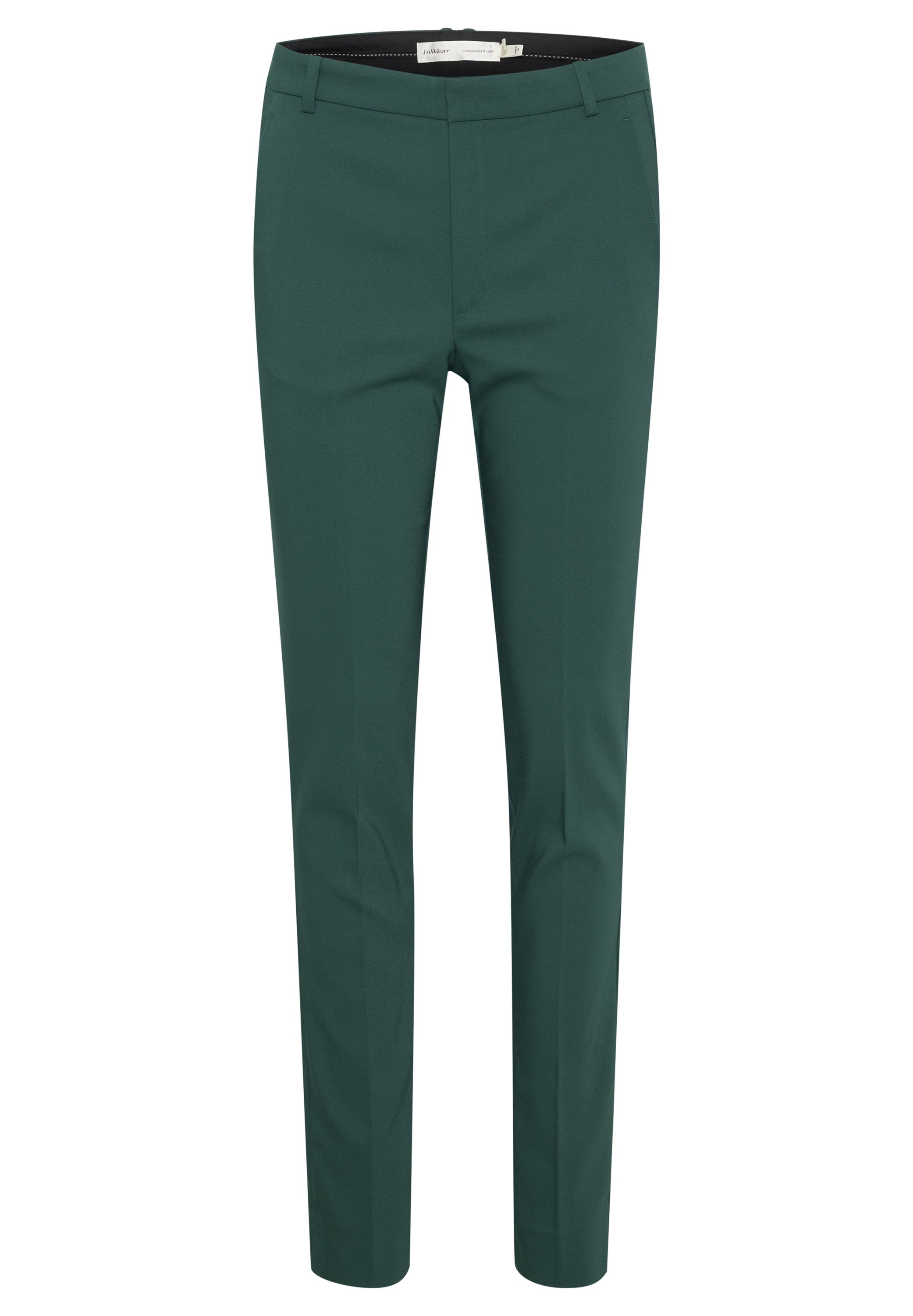 Dunkelgrüne, taillierte Hose mit schmaler Passform, aus glattem Stoff gefertigt. Mit mittelhohem Bund und klassischem Taschen design.