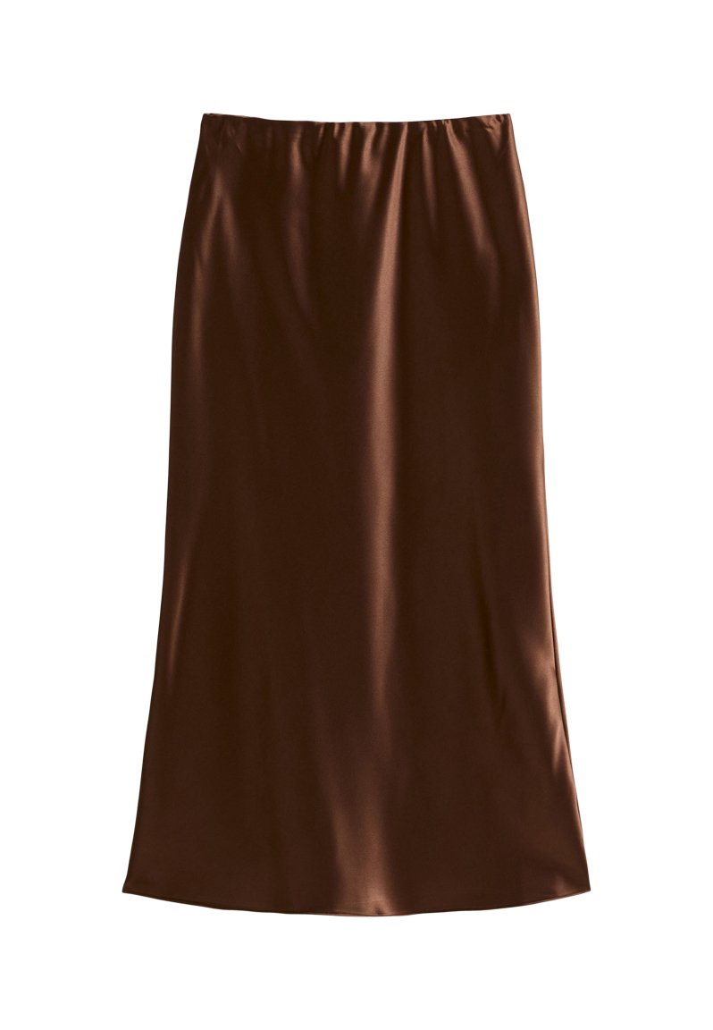 Brauner Satin-Midirock mit elastischem Bund, glatter Textur und geradem Schnitt, entworfen für eine lässige Passform.