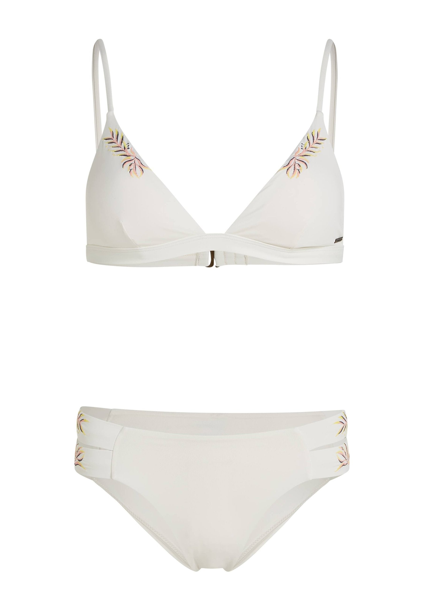 Weißes Bikini-Set mit einem Triangel-Bralette mit verstellbaren Trägern und bestickten Blattdetails, kombiniert mit passenden Bikinihöschen mit niedriger Taille.