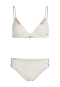 Weißes Bikini-Set mit einem Triangel-Bralette mit verstellbaren Trägern und bestickten Blattdetails, kombiniert mit passenden Bikinihöschen mit niedriger Taille.