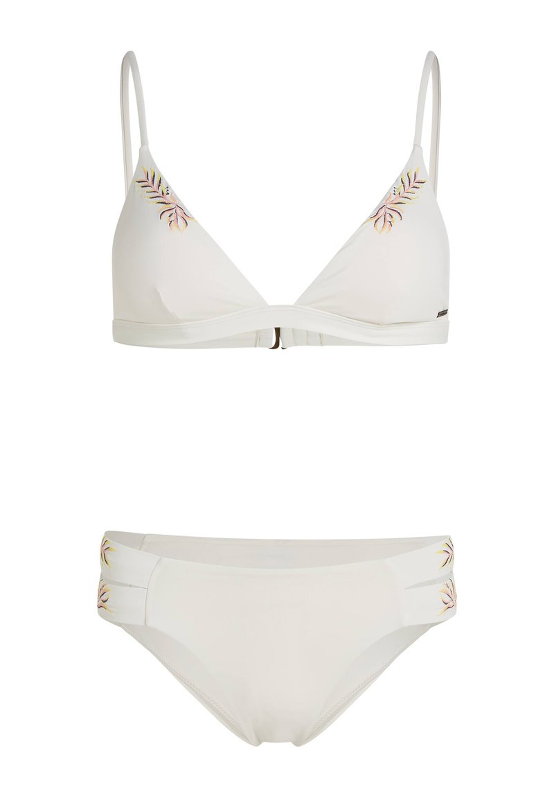 Weißes Bikini-Set mit einem Triangel-Bralette mit verstellbaren Trägern und bestickten Blattdetails, kombiniert mit passenden Bikinihöschen mit niedriger Taille.