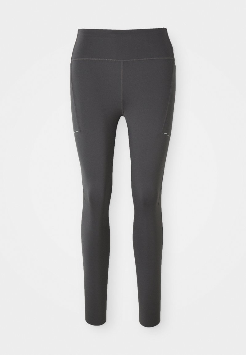 Schwarze Leggings mit hohem Bund, glatter Textur und enganliegender Passform. Verfügt über seitliche Taschen und kontrastierende Nähte.