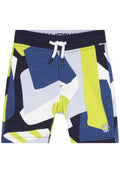 Bunte Badehosen mit einem geometrischen Muster in Marineblau, Blau, Grün und Weiß. Elastischer Bund mit Kordelzug und Logodetail.