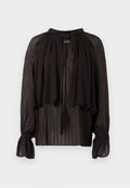 Schwarze, durchsichtige Bluse mit hochgeschlossenem Kragen, geschichteter Vorderseite, elastischen Bündchen und dekorativen Quasten. Mit senkrechter Streifenstruktur.