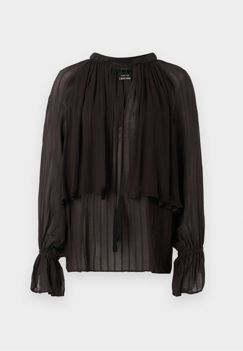Schwarze, durchsichtige Bluse mit hochgeschlossenem Kragen, geschichteter Vorderseite, elastischen Bündchen und dekorativen Quasten. Mit senkrechter Streifenstruktur.