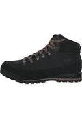 Schwarze Wildleder-Wanderstiefel mit braunen Schnürsenkeln, Metallösen und einer strukturierten Oberfläche. Leichte Sohle mit robustem Profil für besseren Halt.