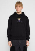 Schwarzer Kapuzenpullover mit Kordelzug, Vordertasche und einem runden Grafikdesign in Lila und Gelb. Baumwollmischung, normale Passform.
