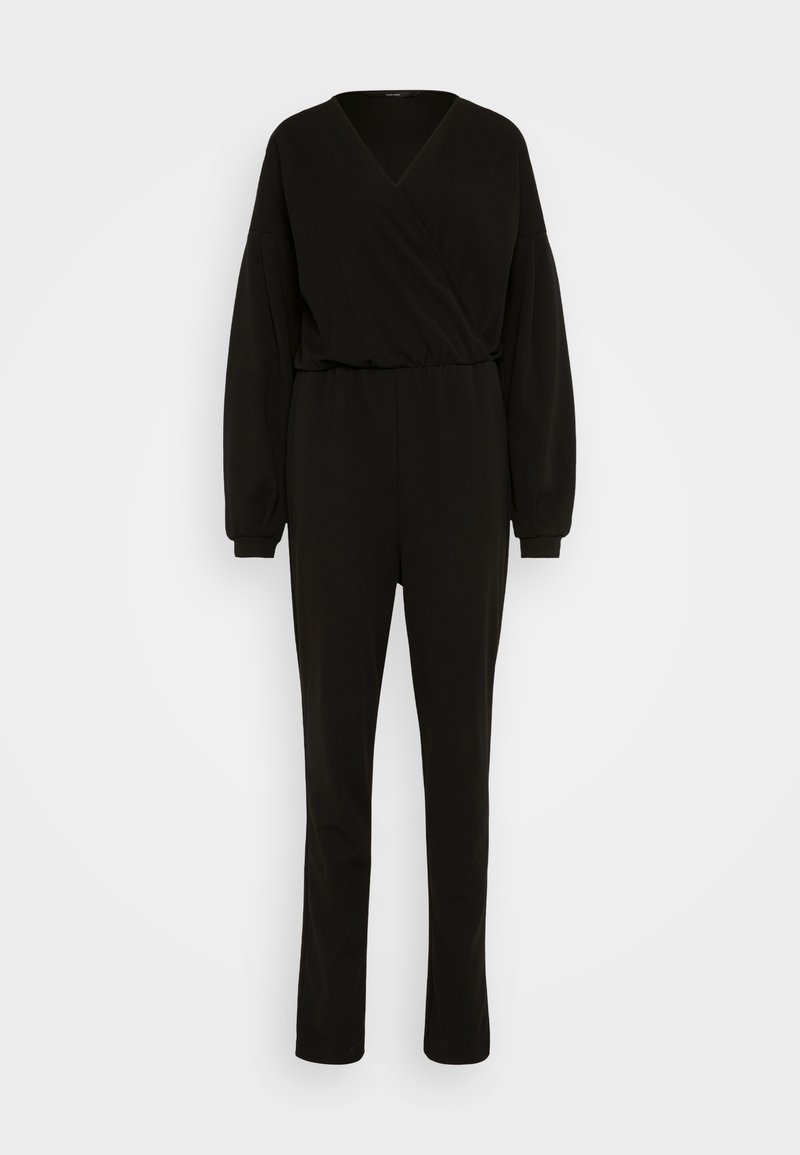 Schwarzer Jumpsuit mit V-Ausschnitt und langen Ärmeln, der eine taillierte Taille und gerade Beine hat. Hergestellt aus einem glatten, dehnbaren Stoff.