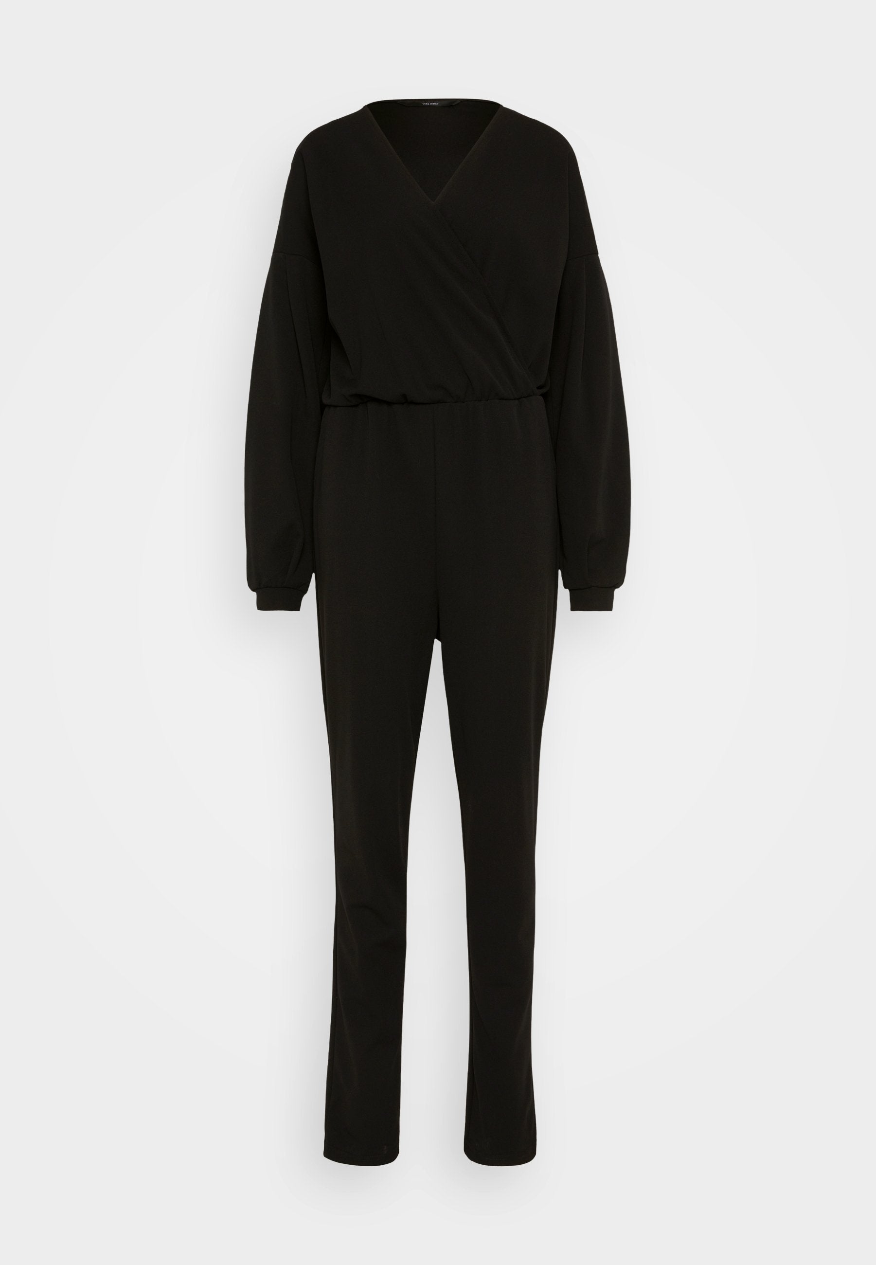 Schwarzer Jumpsuit mit V-Ausschnitt und langen Ärmeln, der eine taillierte Taille und gerade Beine hat. Hergestellt aus einem glatten, dehnbaren Stoff.