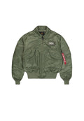 Olivgrüne Bomberjacke aus glattem, glänzendem Nylon. Verfügt über einen Reißverschluss, gerippte Bündchen und mehrere Taschen mit einem Etikett. 