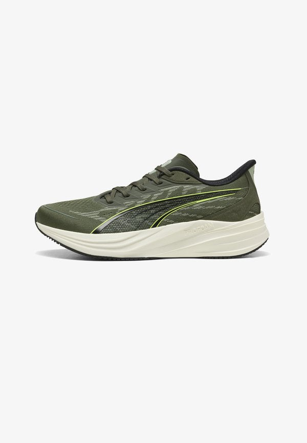Puma DARTER PRO 2 UNISEX - Road running shoes - moss veil-soft grass-warm white- black-lime squeeze