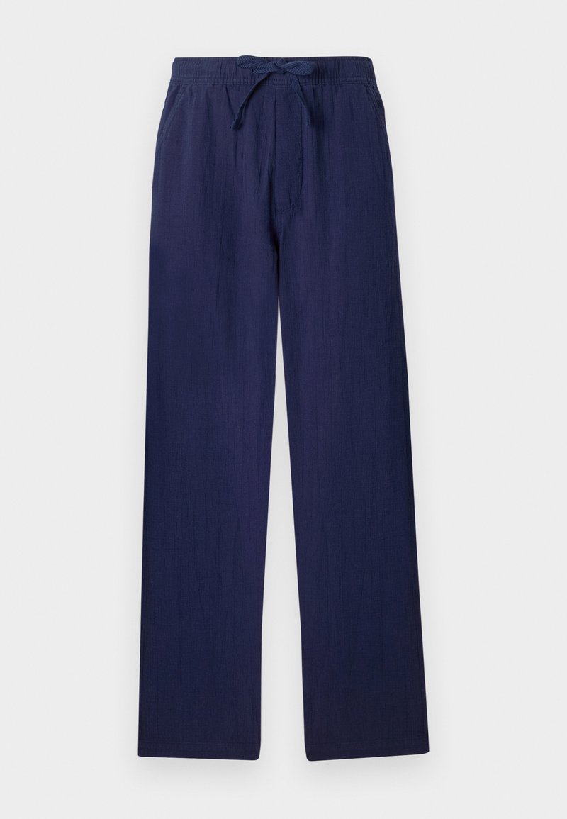 Marineblaue, weit geschnittene Hose aus leichtem Stoff. Mit elastischem Bund und verstellbarem Kordelzug sowie Seitentaschen. Sanfte Textur.
