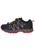 Trailrunning-Schuhe in Schwarz mit pinkfarbenen, gelben und orangefarbenen Akzenten. Sie verfügen über ein strukturiertes Mesh-Obermaterial, eine Gummisohle und ein sicheres Schnürsystem.