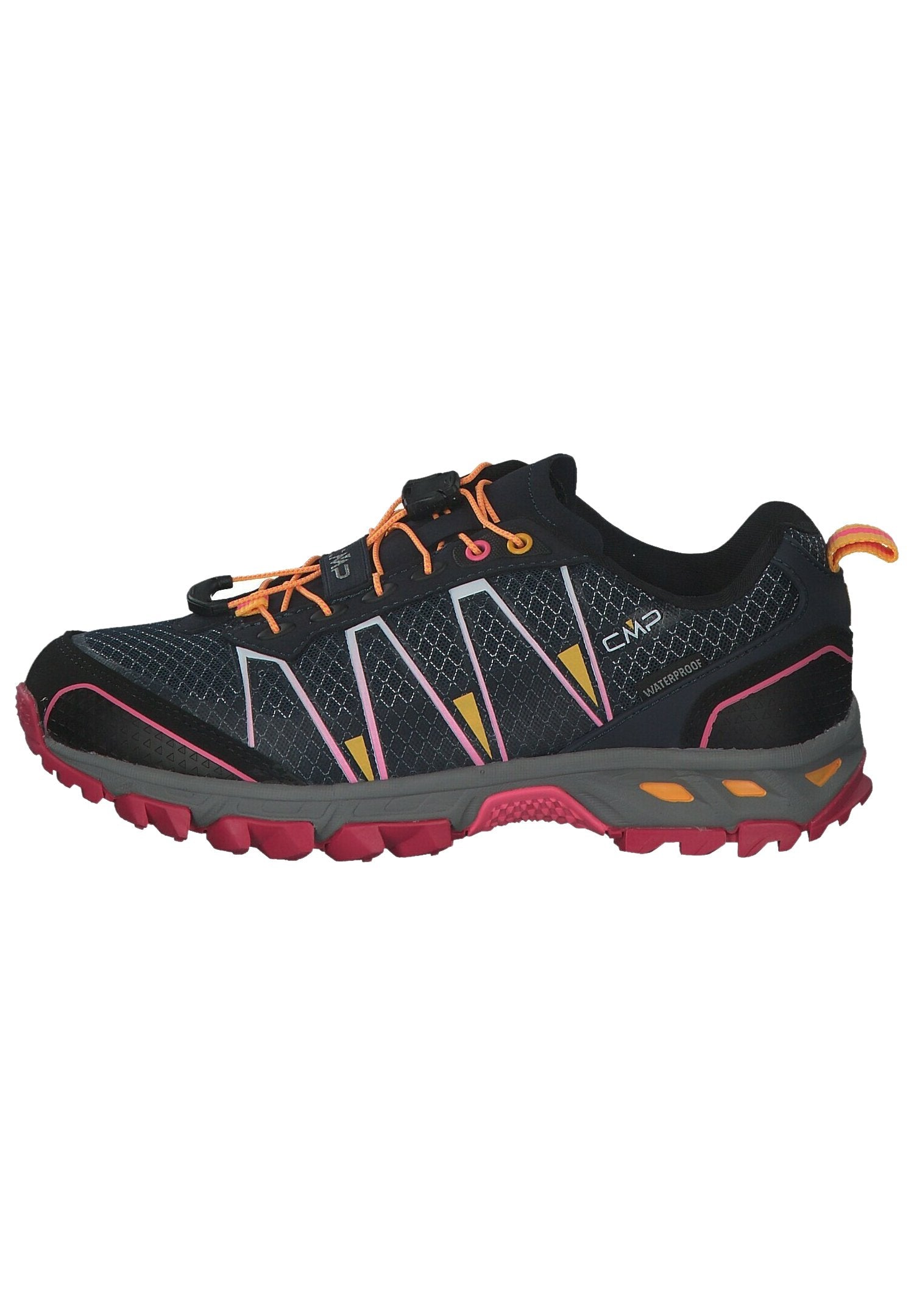 Trailrunning-Schuhe in Schwarz mit pinkfarbenen, gelben und orangefarbenen Akzenten. Sie verfügen über ein strukturiertes Mesh-Obermaterial, eine Gummisohle und ein sicheres Schnürsystem.