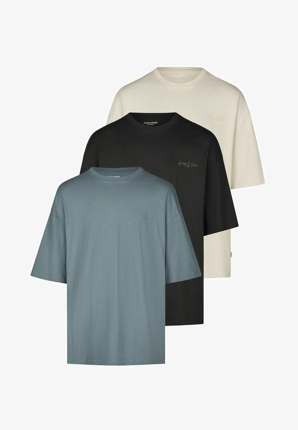 Jack & Jones JJECHARGE 3 PACK - Basic T-shirt - pack 2 (moonbeam black stormey weat)