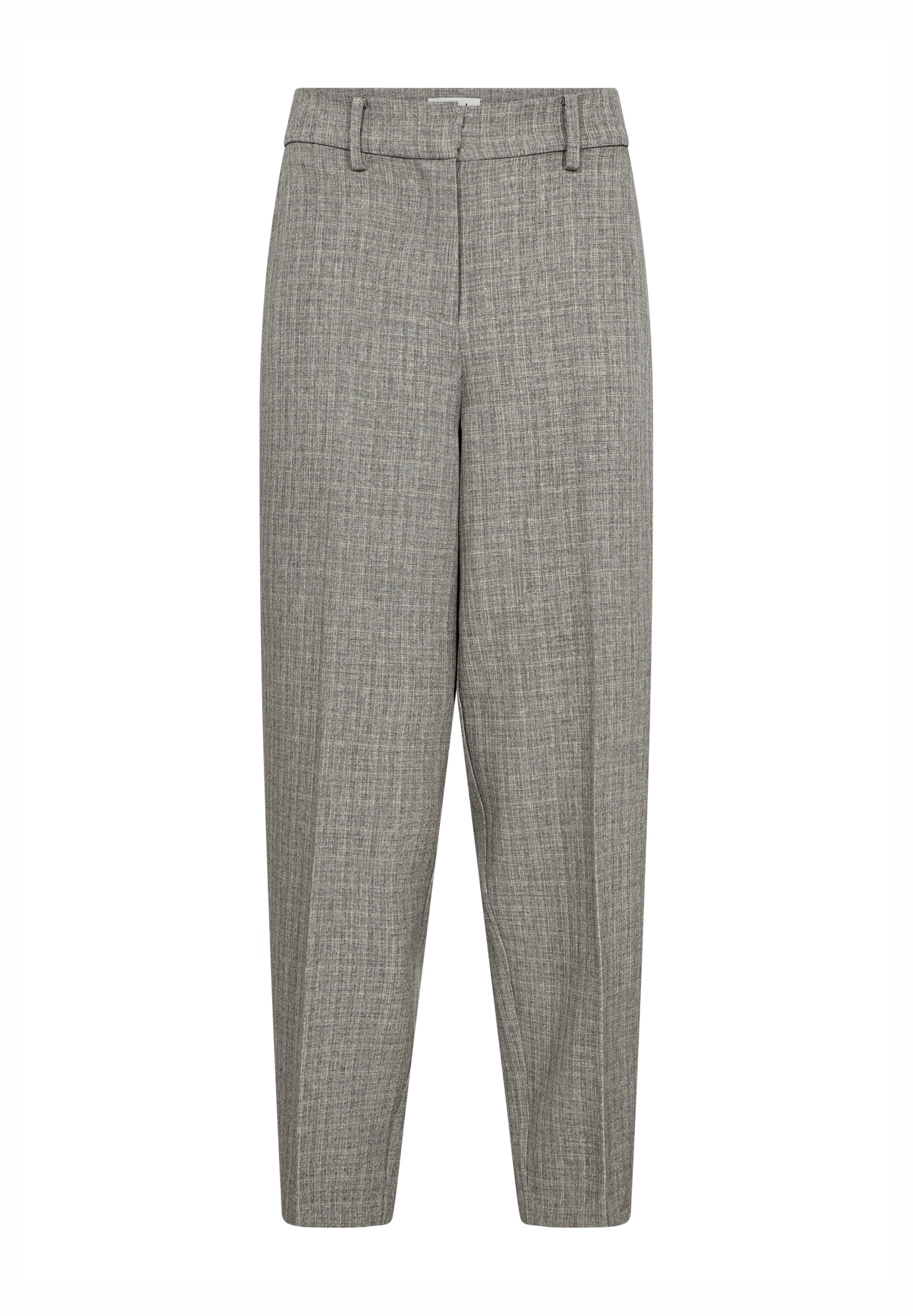 Grau gemusterte Hose mit schmalem Bein, flacher Front, Gürtelschlaufen und glatter Textur. Keine sichtbaren Taschen oder Hardwaredetails.