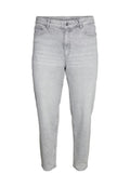 Hellgraue Jeans aus Denim mit hoher Taille, zulaufenden Beinen, Fünf-Taschen-Design und sichtbaren Steppnähten.