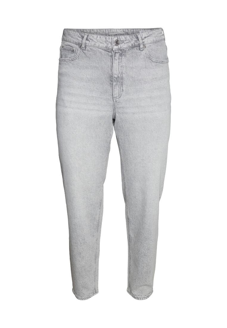 Hellgraue Jeans aus Denim mit hoher Taille, zulaufenden Beinen, Fünf-Taschen-Design und sichtbaren Steppnähten.