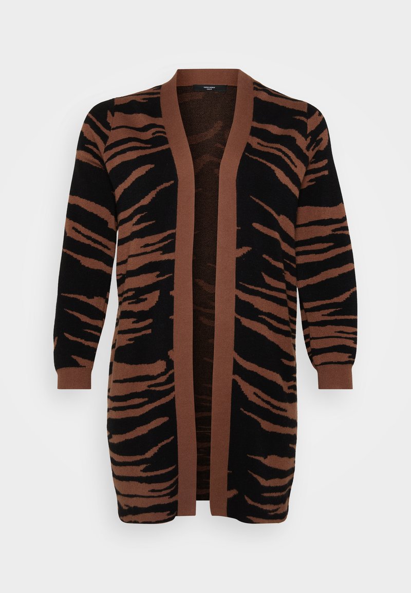 Braun- und schwarz gestreifter Cardigan mit Tigerstreifen, langen Ärmeln, offener Vorderseite und gerippten Ärmelbündchen. Weiches Strickmaterial mit kontrastierenden Abschlüssen.