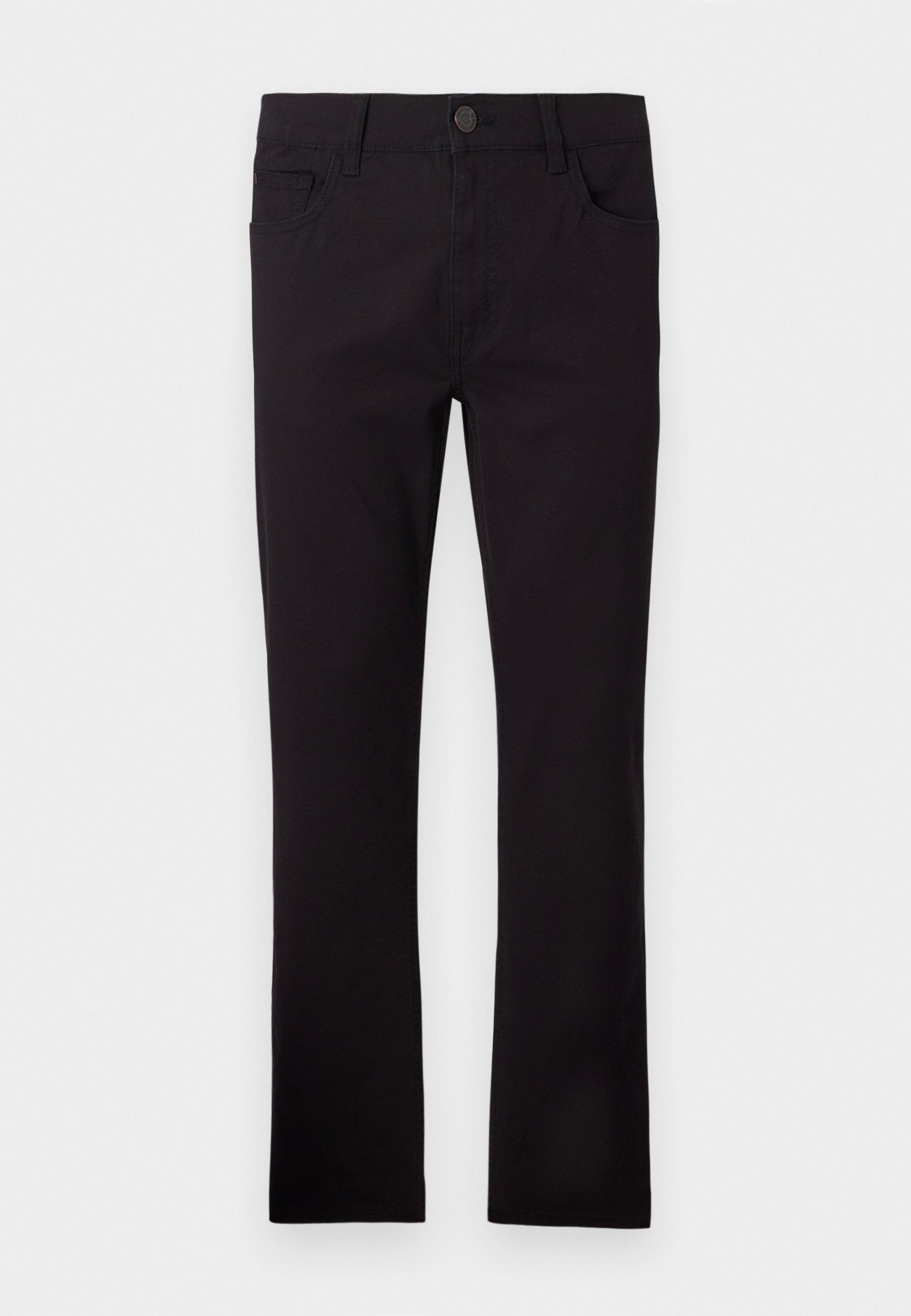 Schwarze Baumwollhosen mit geradem Bein, ausgestattet mit Vorder- und Gesäßtaschen, einem Reißverschluss und einem Knopfverschluss. Angenehme Textur und minimale Nähte.