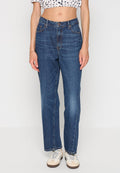 Hochgeschnittene blaue Denim-Jeans mit geradem Bein, sichtbar abgesteppt, im Fünf-Taschen-Design und mit Knopfschlitz.