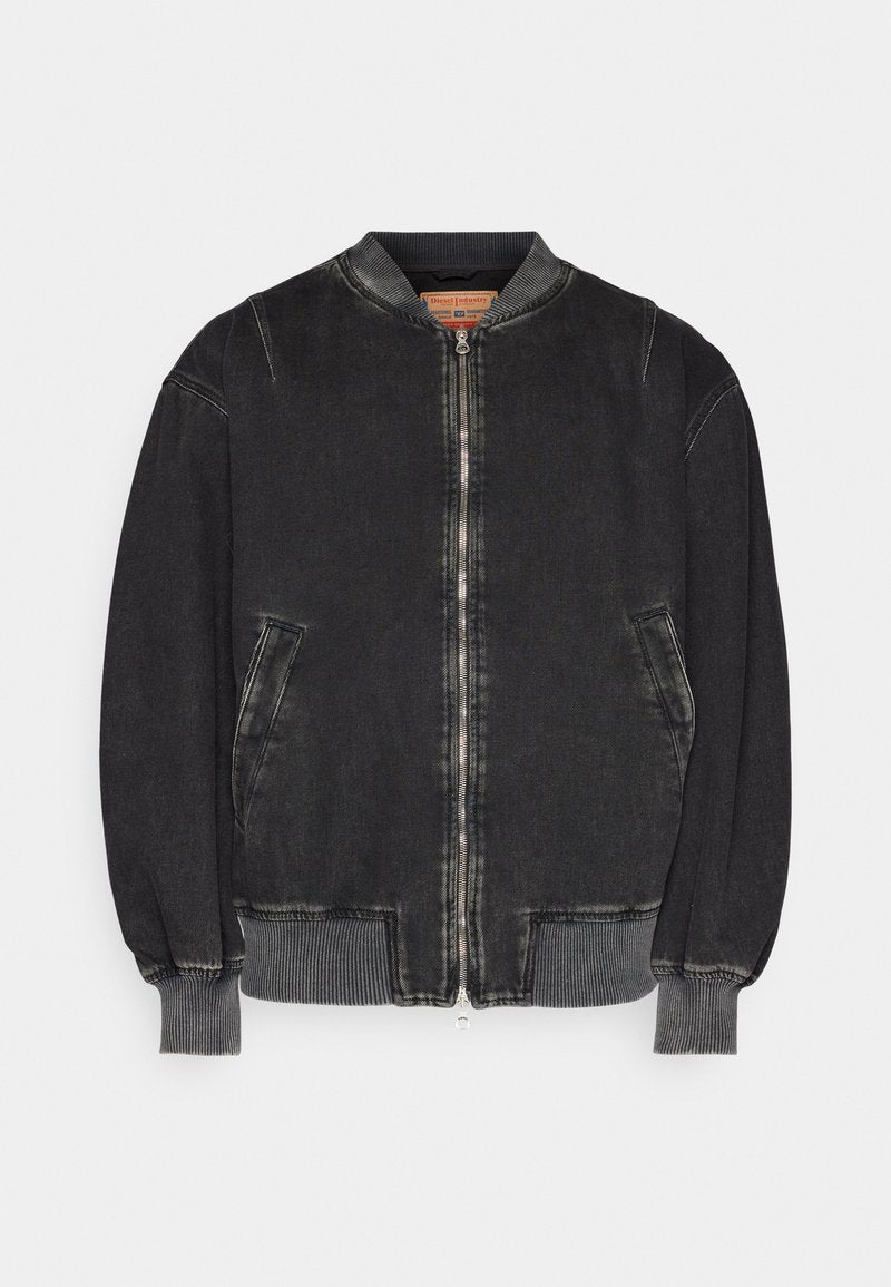 Schwarze Denim-Bomberjacke mit Reißverschluss vorne, ribbed Bündchen und Kragen. Verfügt über zwei Seitentaschen und eine strukturierte Oberfläche.