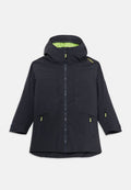 Schwarze Kapuzenjacke mit Frontreißverschluss, zwei seitlichen Reißverschlusstaschen und limettengrünem Innenfutter sowie Reißverschlussanhängern.