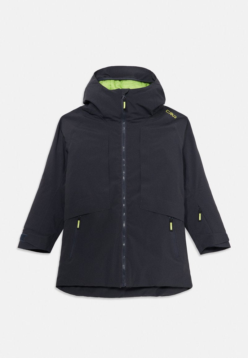 Schwarze Kapuzenjacke mit Frontreißverschluss, zwei seitlichen Reißverschlusstaschen und limettengrünem Innenfutter sowie Reißverschlussanhängern.