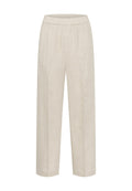 Helle beige, weite Hosen mit einem elastischen Bund. Aus Leinenstoff gefertigt, mit einer strukturierten Oberfläche und ohne sichtbare Taschen.