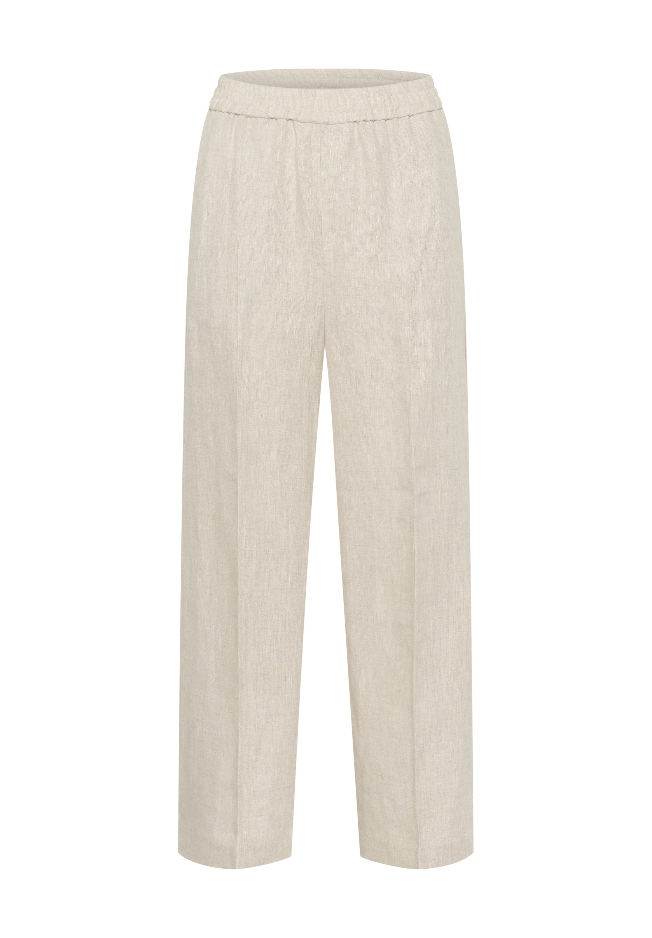 Helle beige, weite Hosen mit einem elastischen Bund. Aus Leinenstoff gefertigt, mit einer strukturierten Oberfläche und ohne sichtbare Taschen.