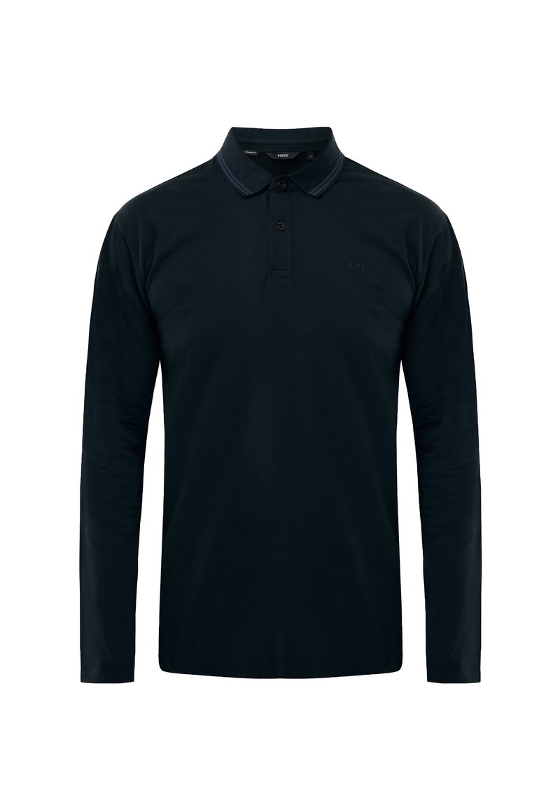 Schwarzes Langarm-Poloshirt mit zwei Knöpfen und einem Kragen, der feine dunkelblaue Streifen aufweist.