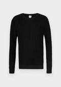 Schwarzer Pullover mit rippenstrukturierter Oberfläche, Rundhalsausschnitt und langen Ärmeln. Mit einfarbigem Design und schmalen Bündchen an Ärmeln und Saum.