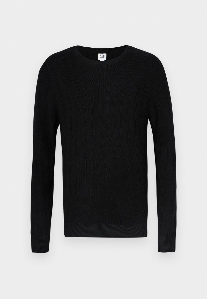 Schwarzer Pullover mit rippenstrukturierter Oberfläche, Rundhalsausschnitt und langen Ärmeln. Mit einfarbigem Design und schmalen Bündchen an Ärmeln und Saum.