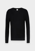 Schwarzer Pullover mit rippenstrukturierter Oberfläche, Rundhalsausschnitt und langen Ärmeln. Mit einfarbigem Design und schmalen Bündchen an Ärmeln und Saum.