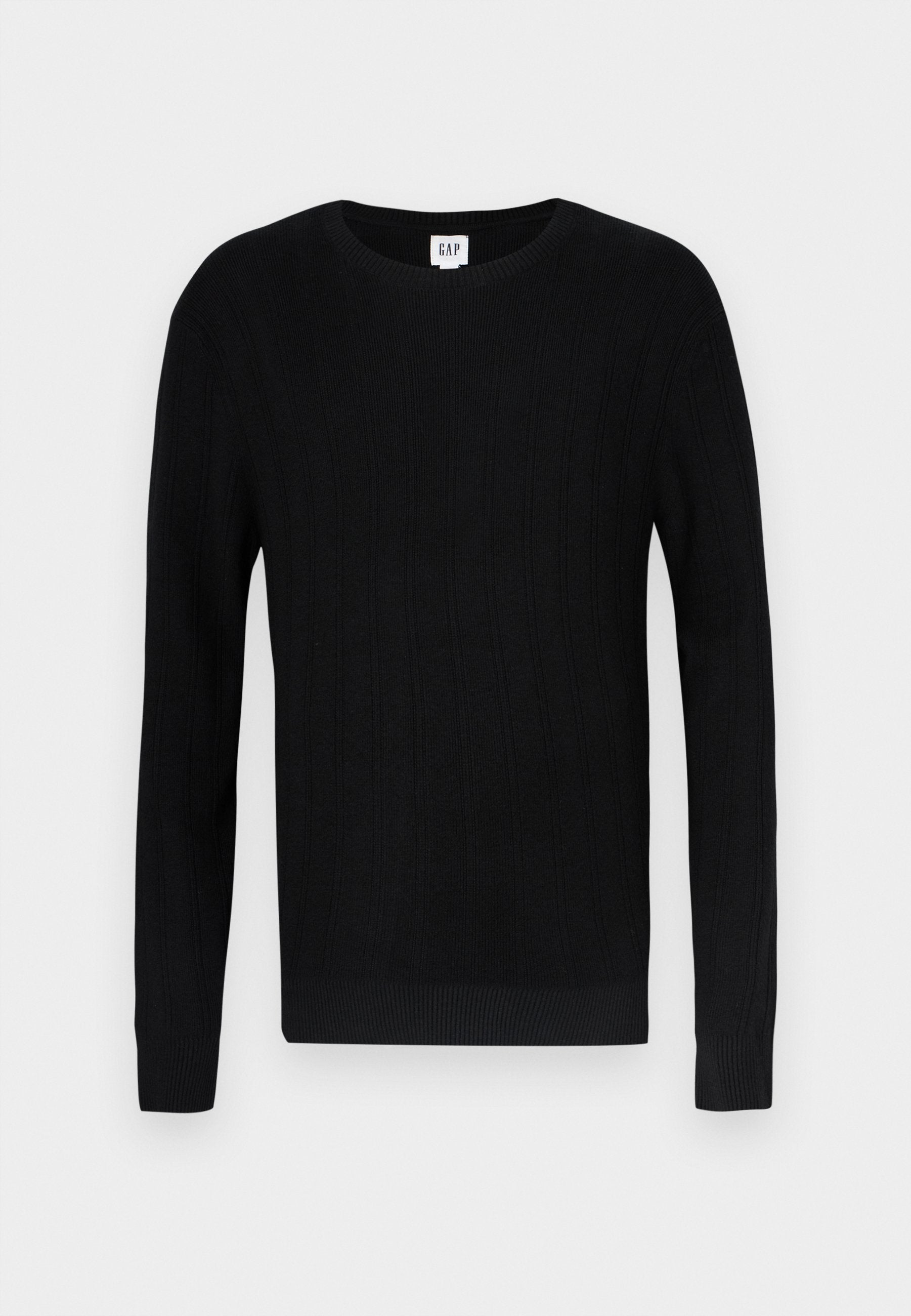 Schwarzer Pullover mit rippenstrukturierter Oberfläche, Rundhalsausschnitt und langen Ärmeln. Mit einfarbigem Design und schmalen Bündchen an Ärmeln und Saum.