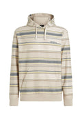 Beige Kapuzenpullover mit horizontalen Streifen in Grau, Gelb und Creme. Mit einer Fronttasche und verstellbarem Kordelzug an der Kapuze. Markenlogo auf der Brust.