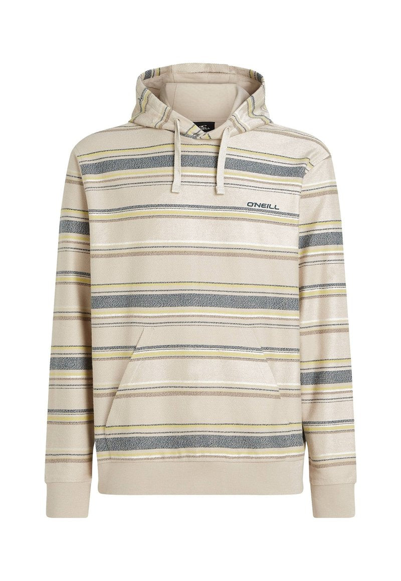 Beige Kapuzenpullover mit horizontalen Streifen in Grau, Gelb und Creme. Mit einer Fronttasche und verstellbarem Kordelzug an der Kapuze. Markenlogo auf der Brust.