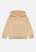 Beige Kapuzenpullover mit langen Ärmeln und gerippten Bündchen, mit erhabenem "HUGO"-Schriftzug in der Mitte vorne.