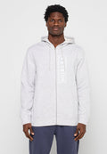 Grauer Kapuzenpullover mit Reißverschluss und Kapuze, mit einem weißen vertikalen "HURLEY"-Logo, gerippten Bündchen und einer Kängurutasche. Weiches Material aus Baumwollmischung.