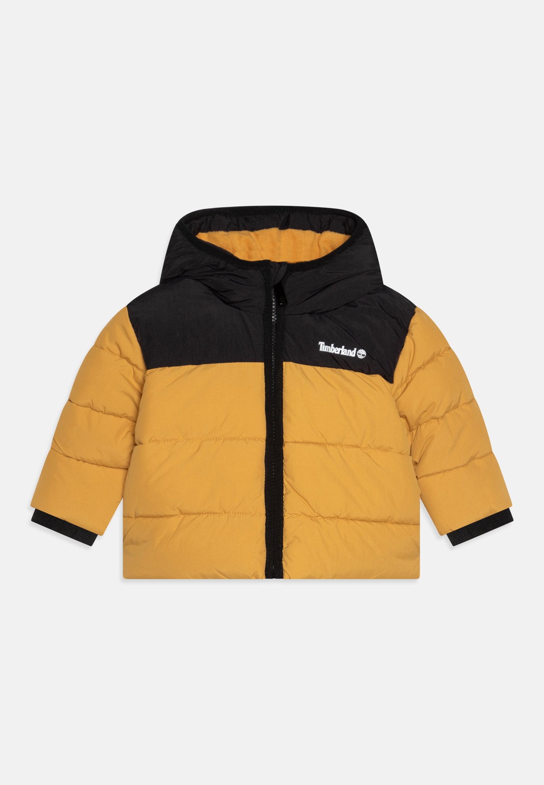 Gelbe und schwarze gepolsterte Jacke mit Kapuze, ausgestattet mit einem Frontreißverschluss und elastischen Bündchen. Logo auf der oberen linken Seite. Strukturiertes Material.