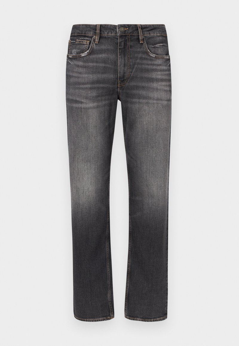 Herren-Jeans aus dunkelgrauem Denim mit geradem Bein, leicht ausgewaschen und klassischem Fünf-Taschen-Design vor weißem Hintergrund.