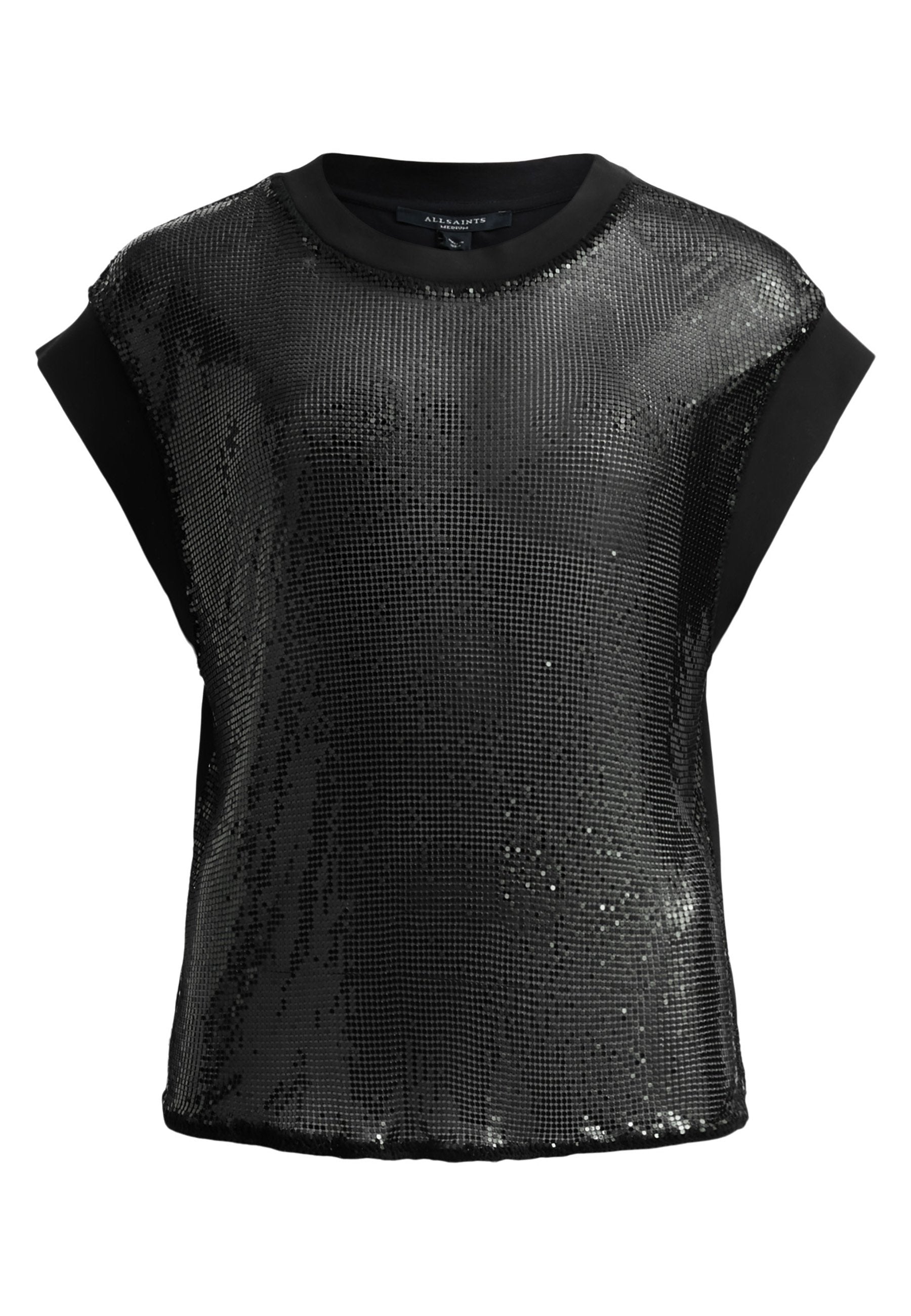 Schwarzes Kurzarmoberteil mit einem eleganten Pailletten-Front und schwarzem, unifarbenem Rücken, rundem Halsausschnitt und lockerer Passform.