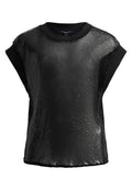 Schwarzes Kurzarmoberteil mit einem eleganten Pailletten-Front und schwarzem, unifarbenem Rücken, rundem Halsausschnitt und lockerer Passform.