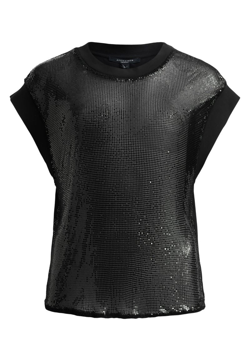 Schwarzes Kurzarmoberteil mit einem eleganten Pailletten-Front und schwarzem, unifarbenem Rücken, rundem Halsausschnitt und lockerer Passform.
